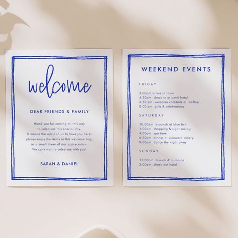 Wedding Welcome Letters, French Blue Wedding, Welcome Letter, Welcome Note, Sweet Rain, Hand Drawn Wedding, Welcome Letters, Blue Themed Wedding, Welcome Bags