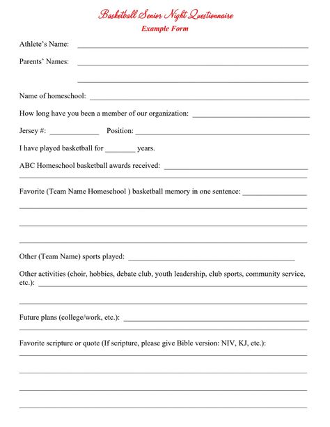 Basketball Senior Night Questionnaire Freebie.pdf Senior Night Questionnaire, Volleyball Schedule, Night Volleyball, Basketball Awards, Volleyball Senior Night, Basketball Senior Night, Debate Club, College Work, Bible Versions