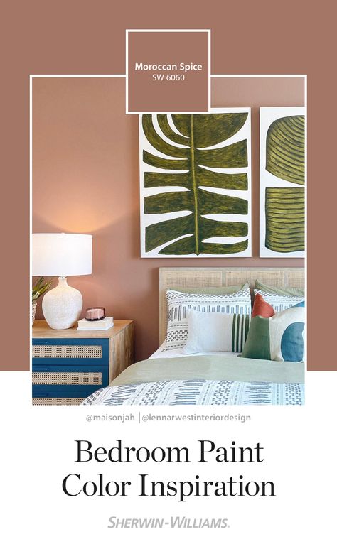 Give your bedroom a nature-inspired refresh with a gentle earth tone like Moroccan Spice SW 6060 from Sherwin-Williams. We love how Pricella (@maisonjah on Instagram) layered in natural fabrics and muted décor to complete the look. Tap this pin to order a free paint color chip. #SWColorLove #sherwinwilliams #diy #diyprojects #bedroom #accentwall #paint #painting #decor #clay Reddened Earth Sherwin Williams Bedroom, Clay Colored Bedroom, Sherwin Williams Moroccan Spice, Moroccan Spice Sherwin Williams, Bedroom Colour Schemes Warm, Bedroom Paint Color Inspiration, Cream Bedroom Ideas, Guest Room Paint, Guest Room Colors