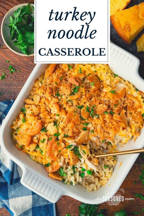 Easy, cozy, comfort food at its finest! This turkey noodle casserole is creamy, cheesy, and finished with a buttery Ritz cracker topping. Serve the dish with a simple side salad, a skillet of cornbread, a basket of buttermilk biscuits, or a pot of Southern-style green beans for a simple weeknight supper. It's a great way to use up leftover turkey from Thanksgiving, or you can substitute with chicken! Turkey Casseroles, Ritz Cracker Topping, Simple Side Salad, Turkey Noodle Casserole, Sweet Potato Biscuits, Ritz Cracker, Turkey Casserole, The Seasoned Mom, Healthy Mexican