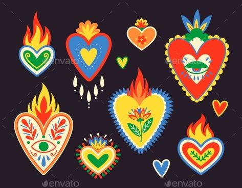 Mexican Sacred Hearts Set Mexican Heart Illustration, Social Media Stickers, Mexican Heart, Sacred Heart Art, Sacred Hearts, Art Boy, American Pattern, Random Inspiration, Heart Illustration