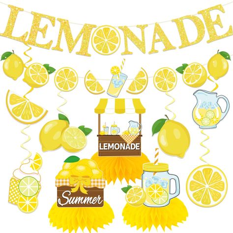 PRICES MAY VARY. value package: our lemonade stand supplies comes with 1 pc lemonade banner, 1pc lemon decorations party hanging swirls come with 6 pcs of different card cutouts in 6 different designs;6 pcs whirls glitter foil ceiling swirls streams in green&yellow, and 3pcs lemonade stand decorations hoenycomb centerpieces. our lemon party decorations will be a big hit at your party or lemonade stand and adding festival atmosphere by setting this colorful lemon decor quality material: our lemon Lemon Decorations Party, Lemonade Banner, Lemon Banner, Lemon Stand, Lemon Party Decorations, Lemon Decorations, Kids Lemonade Stands, Lemonade Stand Sign, Lemonade Decor