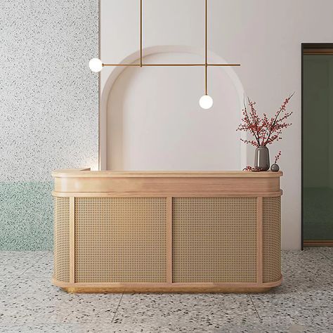 Bay Isle Home Paluch Rectangular Wood Reception Desk with Filing Cabinet | Wayfair Boho Reception Desk Design, Diy Curved Reception Desk, Spa Reception Desk Design, Rattan Reception Desk, Laminate Showroom, Simple Reception Desk, Check In Desk, Hotel Reception Design, Laminate Reception Desk