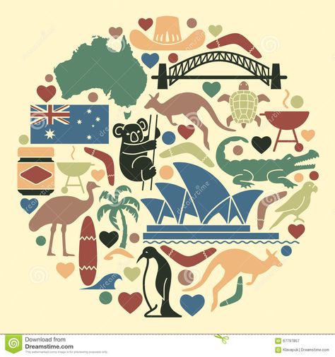 Australian Icons In The Form Of A Circle - Download From Over 66 Million High Quality Stock Photos, Images, Vectors. Sign up for FREE today. Image: 67797857 Australian Aboriginals, Australian Icons, Kids Party Crafts, Surf Party, Bull Art, Aboriginal Artwork, Kids Artwork, Abstract Vector, Room Paint