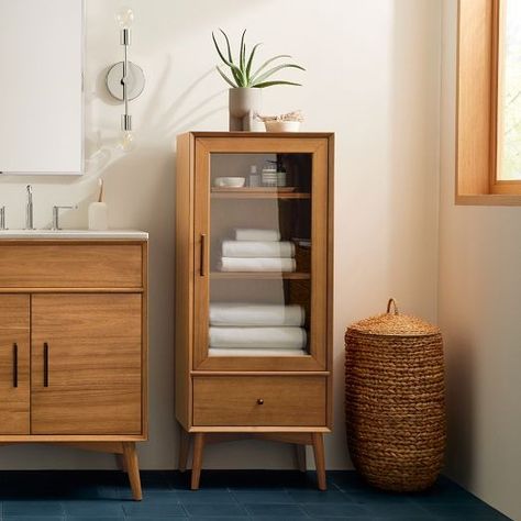 Mid-Century Collection | West Elm Mcm Bathroom, Mid Century Modern Bathroom, Mid Century Bathroom, Bathroom Floor Cabinets, Linen Cabinets, Glass Panel Door, Cabinet Shelving, Key Details, Single Bathroom Vanity