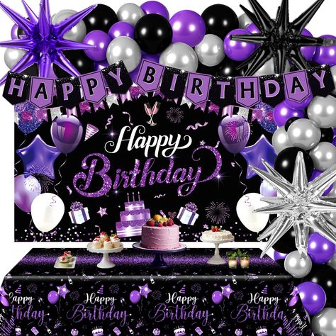 PRICES MAY VARY. 💜👑Package includes: Our black-purple birthday decorations include various items to satisfy all your decoration needs. You'll receive 1pc black purple birthday party banner, 1pcs black purple birthday balloons , 1pc birthday tablecloth, a purple birthday balloon arch kit including 55pcs number latex balloons(15 purple, 20 black, and 20 silver) and 3pcs explosion star balloons 🖤👑Exquisite Appearance: The combination of black and purple colors in our purple-silver birthday deco Black And Silver Balloons, Silver Birthday Decorations, Purple Birthday Party Decorations, Purple Birthday Decorations, Hotel Room Decoration, 50th Birthday Themes, Birthday Photo Background, Purple Happy Birthday, Purple Party Decorations