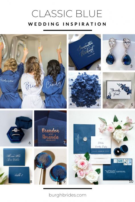 Classic Blue Wedding Inspiration. For more wedding color ideas, visit burghbrides.com! Sapphire Wedding Color Scheme, Navy Blue Wedding Inspiration, Classic Blue And Gold Wedding, Classic Blue Wedding Theme, Dark Blue Wedding Color Schemes, Royal Blue Engagement Photos, Wedding Color Schemes Royal Blue, Wedding Color Schemes Blues, Pantone Classic Blue