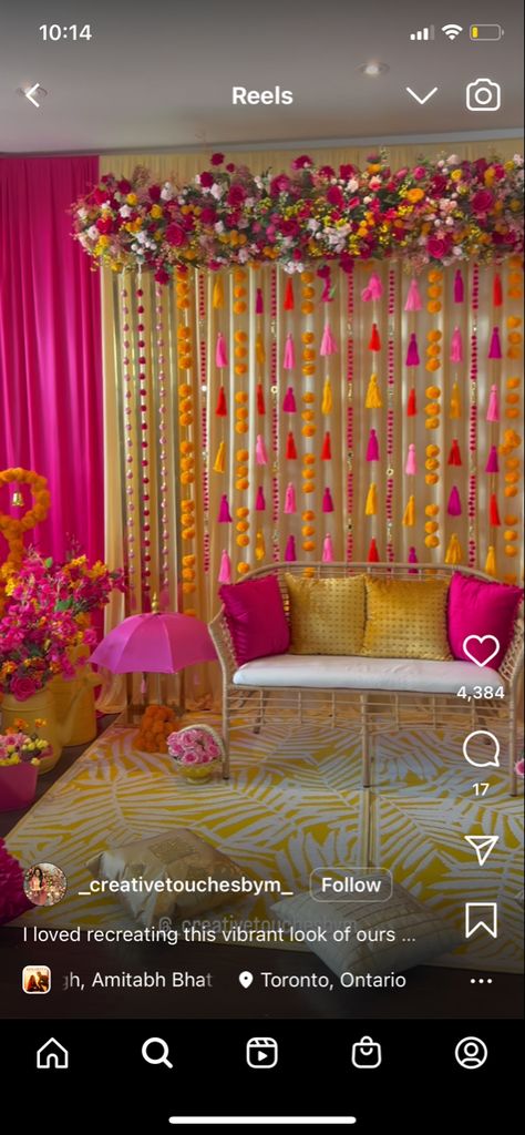 Mendhi Stage Decor At Home, Pink And Yellow Mehendi Decor, Mendhi Decor Ideas At Home, Indian Photo Backdrop, Home Mehendi Decor Ideas, Mehndi Decor Indoor, Mehendi Night Decoration At Home, Indoor Mehndi Decor, Mehendi Decor Home