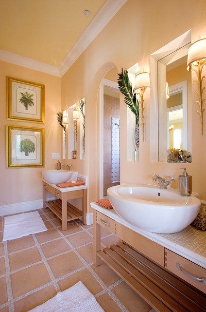 Soft Peach Color Walls for Sophisticated Interior Look Yellow Bathroom Paint, Peach Bathroom, Peach Walls, Bathroom Color Schemes, Floor Tile Design, Bathroom Paint Colors, Casas Coloniales, Yellow Bathrooms, Bathroom Color