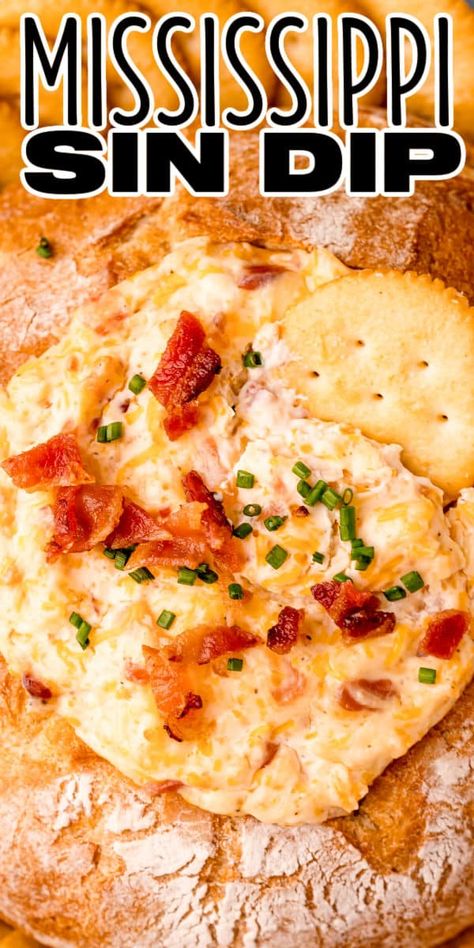 Mississippi Sin Dip is an addictive tailgating favorite full of creamy, cheesy goodness and lots of bacon in a bread bowl! #BreadBoozeBacon #mississippisin #diprecipe #appetizer #cheese #bacon #hotsauce #footballfood #tailgating Dips In Bread Bowls Appetizers, Hawaiian Bread Bowl Dip, Dips With Bread Bowls, Party Cheese Bread, Mississippi Dip Recipe, Bread And Dip Recipes, Bread Bowls Dip, Baked Bread Bowl Dip, Hot Bacon Cheese Dip In Bread Bowl