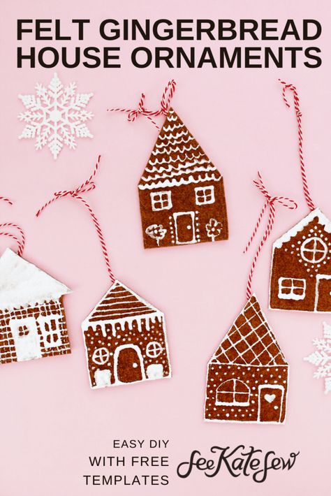 Gingerbread House Ornaments DIY with Felt House Ornaments Diy, Felt Gingerbread Ornaments, Felt Gingerbread House, Christmas Ornaments Pottery, Gingerbread House Ornaments, Felt Ornaments Diy, Felt Gingerbread, Christmas Youth, Gingerbread Diy