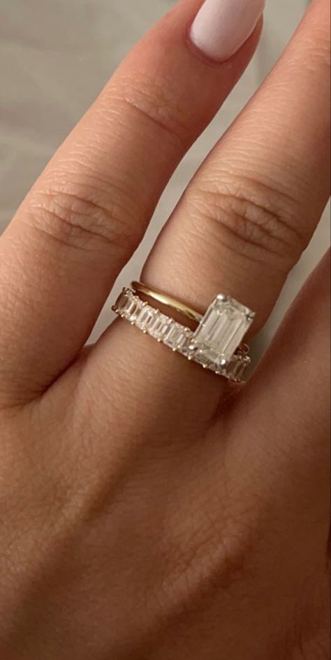 emerald cut ring
baguette wedding band
emerald engagement ring
engagement ring inspiration 
classic wedding band
timeless engagement ring Wedding Band With Emerald Cut Engagement, Wedding Band With Emerald Cut Engagement Ring, Rectangle Wedding Band, Engagement Ring Inspo Gold, Baguette Ring Stack, Emerald Cut Solitaire Engagement Ring With Wedding Band, Baguette Wedding Band With Emerald Ring, Band For Emerald Cut Ring, Wedding Band Stack Ideas Emerald Cut