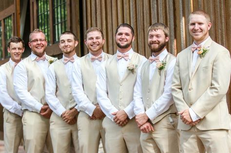 Peach wedding | tan groomsmen suit | peach bow tie | summer wedding | north GA wedding | barn wedding | Southern elegant wedding | rustic wedding Peach Wedding Groomsmen, Groomsmen Attire Suspenders, Tan Groomsmen Suits, Tan Groomsmen, Pink Groomsmen, Tan Bridesmaids, Peach Bow Tie, Quince Planning, Wedding Party Groomsmen