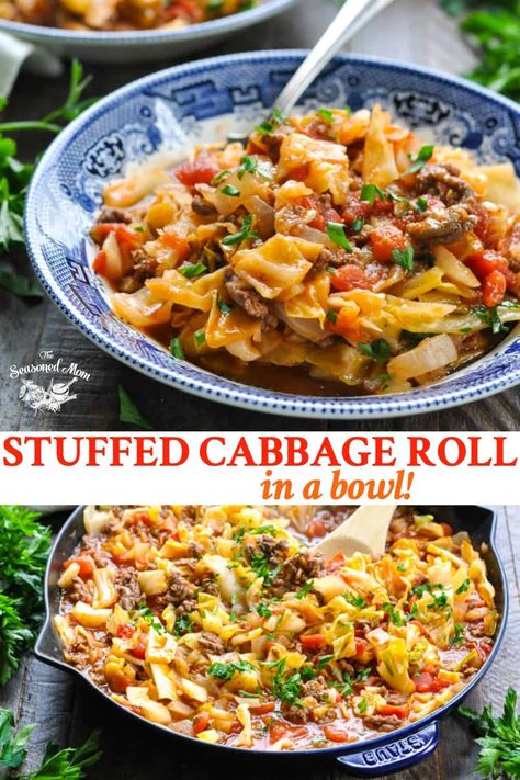 All of the delicious flavors of your favorite old fashioned dish come together in a lighter, faster, one skillet meal! This Stuffed Cabbage Roll in a Bowl is a quick and healthy dinner with just 10 minutes of prep! Cabbage Recipes | Ground Beef or Ground Turkey recipes | One Pot Meal | Healthy Dinner Recipe Unstuffed Cabbage Roll Skillet, Cabbage Rolls Bowl, Cabbage Rolls Deconstructed, Cabbage Stuffed Peppers, Healthy Unstuffed Cabbage Rolls, Unwrapped Cabbage Rolls, Cabbage Roll Bowl Recipe, Cabbage Rolls In A Bowl, Cabbage Roll In A Bowl Recipe