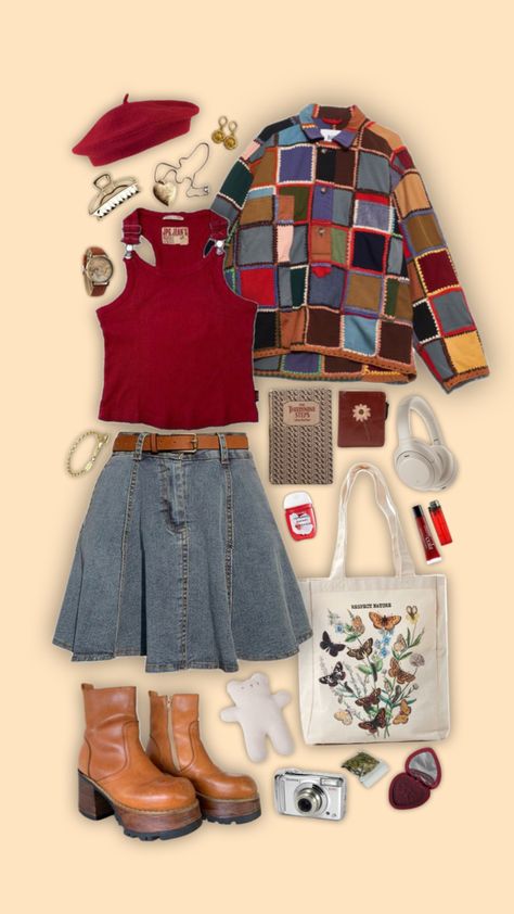 #aestheticoutfit #outfit #outfitinspiration #outfitinspo #red #aesthetic Aesthetics Outfits Vintage, Art Teacher Style Aesthetic, Red Retro Outfits, Apple Aesthetic Outfit, Artsy Outfits Aesthetic, Denim And Red Outfit, Artsy Clothing Aesthetic, Funky Aesthetic Outfits, Outfit Ideas Collage