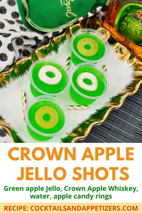 Crown Apple Jello shots are so easy to make. 3 ingredients for these tasty treats for parties! Green Jello, Crown Apple and water plus apple candy for garnish! #crownapplejelloshots #jelloshots #cocktails Crown Jello Shots, Apple Cocktail Garnish, Green Apple Cocktails, Apple Jello Shots, Summer Jello Shots, Slushy Alcohol Drinks, Jello Shots Recipe, Crown Royal Drinks, Crown Apple