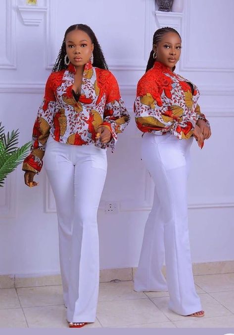 30+ Amazing Ways to Rock Ankara Tops with White Pants/Trousers - Stylish Naija African Pants Suit, Trouser And Top For Ladies, African Tops For Women, African Pants, Ankara Trousers, African Elegance, Ankara Blouse, Stylish Naija, Ankara Tops