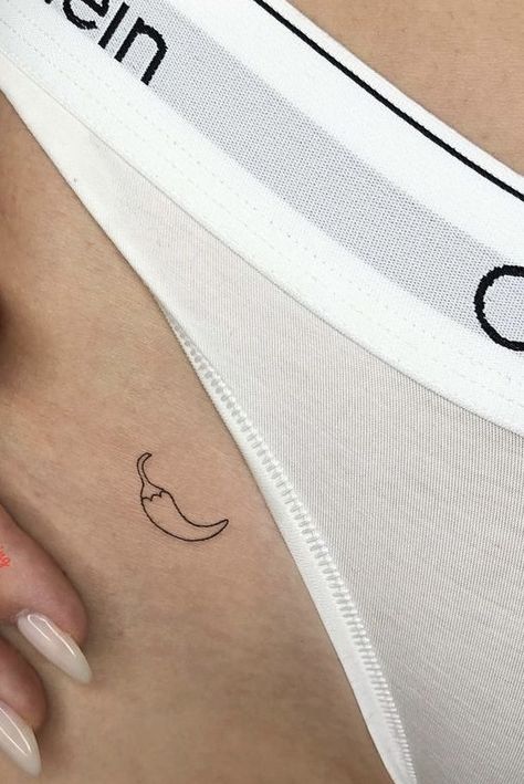 Tattoos, tattoo, dark, grunge, art, alternative, aesthetic, cute, beautiful Small Simple Hip Tattoos, Chill Pepper Tattoo, Fine Line Chili Pepper Tattoo, Jalapeno Tattoo Small, Hip Tattoo Minimalist, Fine Line Chilli Tattoo, Small Hidden Tattoo Ideas, Pant Line Tattoo, Cornicello Tattoo Small