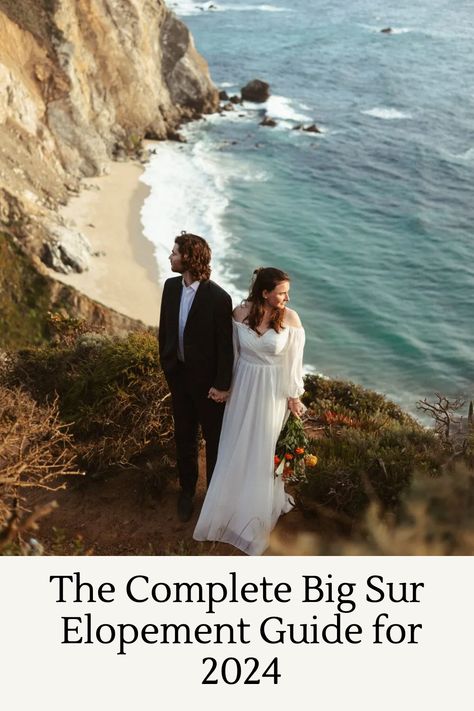 A couple stands on a cliff for their elopement in Big Sur, California. Big Sur Elopement Locations, Elope California, Redwoods Elopement, Big Sur Elopement, Big Sur Wedding, How To Elope, Big Sur California, Elopement Dress, Elopement Photos