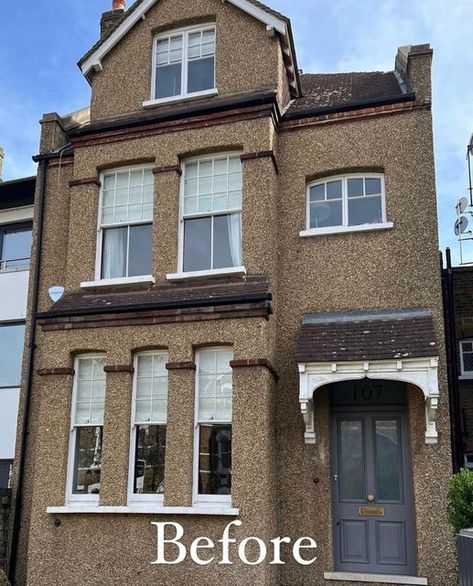 Pebble Dash Exterior Painted, Pebble Dash Makeover, Pebble Dash Exterior, Pebbledash House, Painted Pebbledash, House Exterior Before And After, Terrace House Exterior, Pebble Dash, Dark Green Living Room