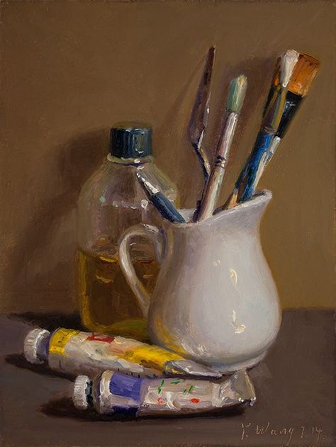 Wang Fine Art: still life  with paint and brushes, small painting... Photo Realism Painting, Cool Still Life Drawings, Painted Still Life, Acrylic Paint Still Life, Still Life Contemporary, Still Life Set Up, Acrylic Still Life Paintings, Still Life Painting Ideas, Still Life Aesthetic