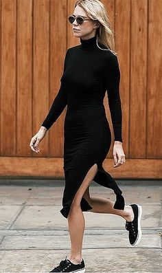 A Black Turtleneck Dress and Black Sneakers Black Dress With Sneakers, Black Turtleneck Outfit, Sneakers To Work, Black Sneakers Outfit, Style Black Dress, Black Turtleneck Dress, Black Turtleneck, Night Out Dress, Mode Inspo