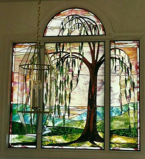 Willow Tree Stained Glass 1930s Farmhouse, Tree Stained Glass, Leaded Glass Door, Weeping Willow, Entrance Ways, Stained Glass Lamps, Stained Glass Panels, Stained Glass Projects, Window Art