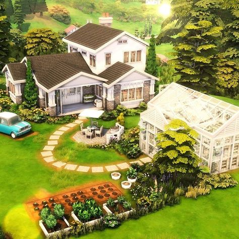 🪴A gardener’s craftsman’s style home with its white greenhouse 🌱🌿 - 🪴Gardener's Craftsman's Home ☘️3 bedrooms - 2 bathrooms 🌿§ 93k… | Instagram Sims 4 House With Garden, Sims4 Greenhouse, Sims 4 Gardener House, Sims 4 Plant House, Sims 4 House With Greenhouse, Green House Sims 4, Sims 4 Tray Files House, Sims 4 3 Bedroom House Plan, Sims Greenhouse