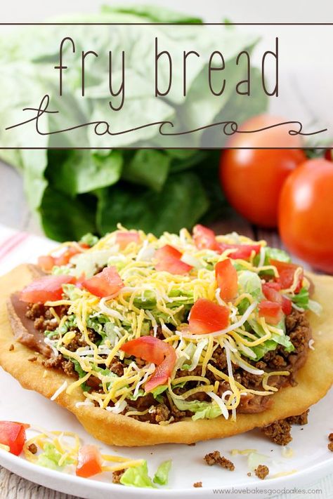 Change up your boring dinner routine with this easy recipe for Fry Bread Tacos (aka Navajo Tacos). A quick and simple bread dough is quickly fried and then topped with your favorite taco toppings! Fry Bread Tacos, Steak Taco, Navajo Tacos, Taco Toppings, Simple Bread, Fry Bread, Taco Salad, Fair Food Recipes, Taco Recipes