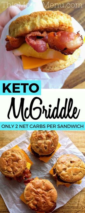 Pancakes, syrup, bacon, eggs and cheese come together in perfect harmony in this recipe for homemade McGriddle Sandwiches. This low carb twist on the quintessential fast food breakfast sandwich is pure perfection. What could possibly be better than an entire American breakfast all wrapped up in one sandwich, with only 2 net carbs?? #keto #lowcarbbreakfast #ketorecipes Pancakes Low Carb, Ketone Recipes, Resep Sandwich, Fast Food Breakfast, Desayuno Keto, Artemis Fowl, Bacon And Cheese, Bacon Egg And Cheese, Keto Pancakes