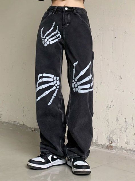 Hand Skeleton Print Boyfriend Jeans Boyfriend Jeans Black, Custom Jeans Diy, Jean Diy, Hand Skeleton, Jeans Online Store, Haine Diy, Diy Jeans, Custom Jeans, Painted Jeans