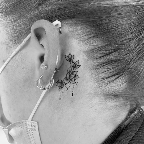 Girly Tattoos Behind The Ear, Witch Tattoo Behind Ear, Lotus Flower Ear Tattoo, Floral Behind Ear Tattoo, Flowers Behind Ear Tattoo, Behind Ear Flower Tattoo, Flower Tattoo Behind The Ear, Behind The Ear Flower Tattoo, Lotus Flower Tattoo Behind Ear