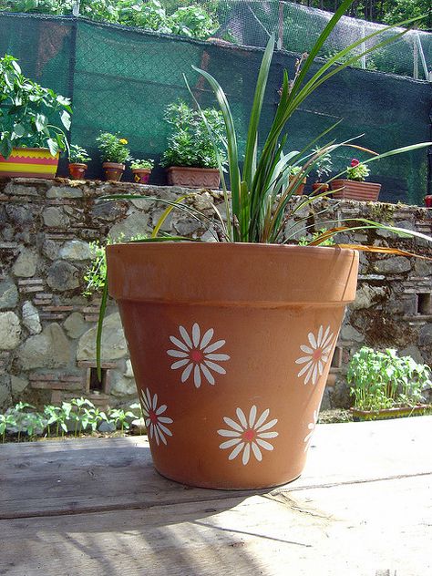 A terracotta flowerpot stenciled with Flower Stencil 12 from The Stencil Garden Get your free stencil from http://www.stencil-garden.com Paint Garden Pots, Painted Pot, Plant Pot Design, Flower Pot Art, Plant Pot Diy, Terracotta Flower Pots, Painted Pots Diy, Flower Pot Design, Painted Plant Pots