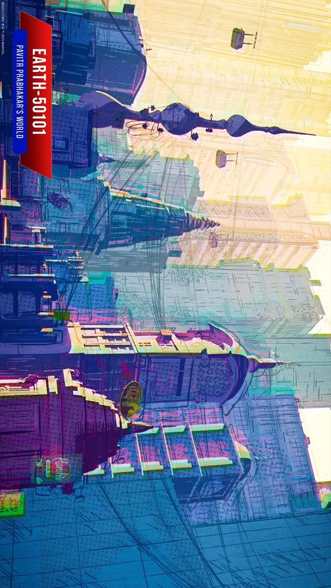 Mumbatten Spiderman, Spiderman City Drawing, Spiderverse Buildings, Spiderverse Background Art, Spiderverse City, Pavitr Prabhakar Wallpaper, Spiderverse Background, Spiderman Concept Art, Spiderverse Concept Art