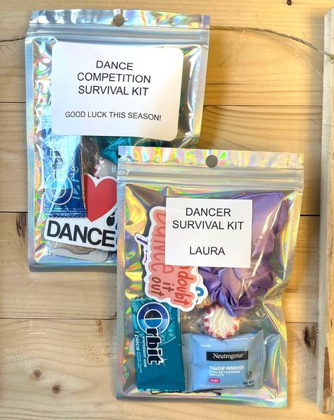 Dance Nationals Gift Ideas, Dancer Survival Kit, Dance Survival Kit Diy Gift Ideas, Dance Competition Pin Display Ideas, Dance Competition Survival Kit, Dance Team Gifts High School, Dance Gifts Competition, Dance Team Gift Ideas, Dance Gifts For Team