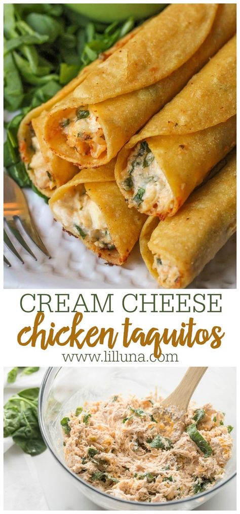 Everyone loves these cheesy taquitos! They're filled with chicken, cream cheese, salsa, and spinach and are great as appetizers or even a main dish. #creamcheeseandchickentaquitos #chickentaquitos #creamcheesetaquitos #taquitos #taquitorecipe Taquitos Recipe, Cheese Chicken, Cream Cheese Chicken, Health Dinner Recipes, Deilig Mat, Diy Food Recipes, Appetizer Snacks, Food Dishes, Sour Cream