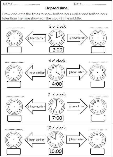 FREE!! Elapsed time using half hour earlier and later than a given time. Time Worksheets Grade 3, Elapsed Time Worksheets, Clock Worksheets, Telling Time Activities, Telling Time To The Hour, Telling Time Worksheets, Time To The Hour, Mathematics Worksheets, 2nd Grade Math Worksheets