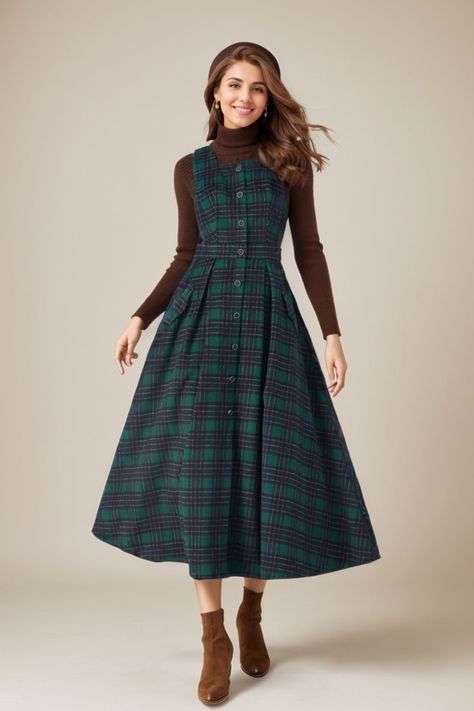 ★★ FEATURES * 30% wool, other fiber,nylon * Polyester lining * Two side pockets * Right side zipper closure * Sleeveless dress * Fitted waist dress * Plaid wool dress * A Line Dress  * Perfect for Winter, autumn * Dry clean * White blouse is not sale items ★★ The model is 170 cm (5′ 7″) tall with a 80 cm (31.5") bust, 66 cm (26") waist. She is wearing the wool dress in size XS. ★★ Bespoke Order Service If you Request other color Request the length Request a sleeve Your height is not between 155 cm- 172 cm Your weight is over 75 kg I can do it for you, It will need some extra fee depending on on your need. Contact with me for more detail. ★★ Get your size in Size Chart with your body measurement https://www.etsy.com/listing/794055682 ★★ Warmly Note: 1 ) : Please confirm your shipping addres Wool Long Dress, Winter Pinafore Dress, Women’s Winter Dresses, Plaid Wool Dress, Wool Dress Outfit, Tartan Dress Outfit, Wool Dress Winter, Plaid Dress Outfit, Winter Wool Dress