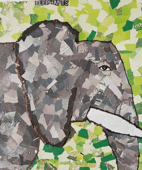 Torn paper collage elephant Art Ed Central Torn Paper Collage Elementary Art, Torn Construction Paper Art, Paper Collage Art Simple, Collage Animal Art, Torn Paper Collage Art, Elephant Collage Art, Paper Tearing Art Ideas, Paper Collage Art For Kids, Paper Collage Ideas