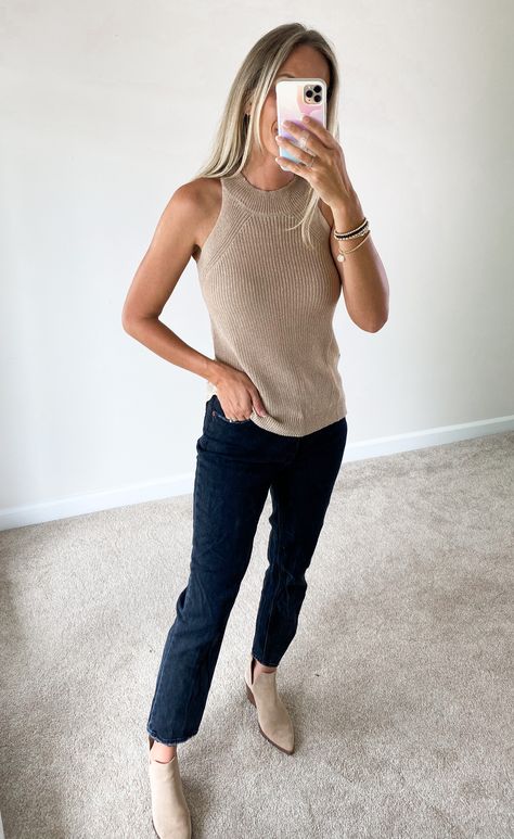 High Neck Knit Tank Top, Fall Tank Top Outfits, Turtle Neck Tank Top Outfit, High Neck Tank Top Outfit, Sweater Tank Outfit, Sweater Tank Top Outfit, High Neck Outfit, Cami Top Outfit, Fall Tank Tops