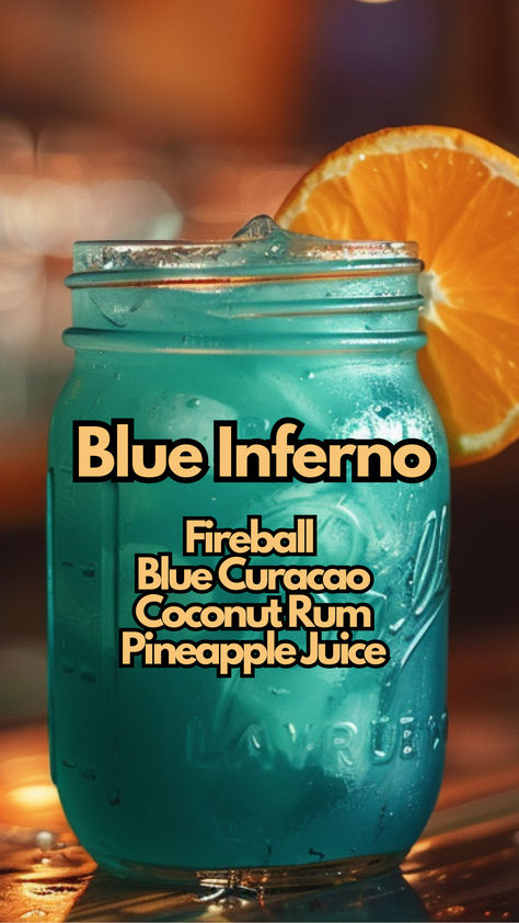 Blue Inferno Rum Drinks Easy Cocktails, Blue Cocktail Recipes, Fun Alcoholic Drinks For A Party, Hypnotic Drinks, Fun Alcoholic Drinks, Blue Curacao Drinks, Bartender Drinks Recipes, Fruity Alcohol Drinks, Fun Drinks Alcohol