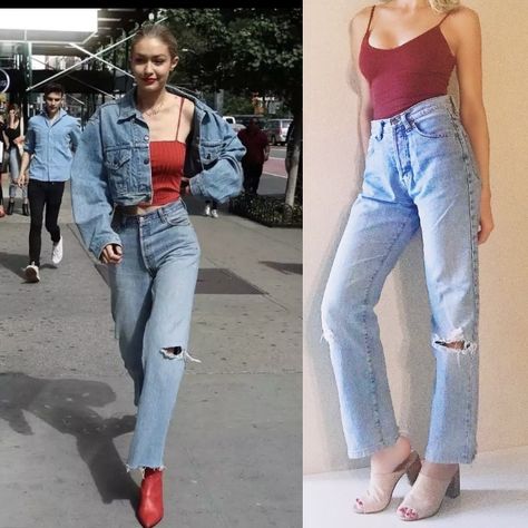 The fashion of the 90's is back. Remember The Fashion Trends of The Time - LOOKS - Fashion Potluck High Waisted Jeans Outfit, Mood Bored, Gigi Style, High Waisted Mom Jeans, Fashion Styling, Jeans Distressed, What I Wore, Jean Outfits, The Fashion