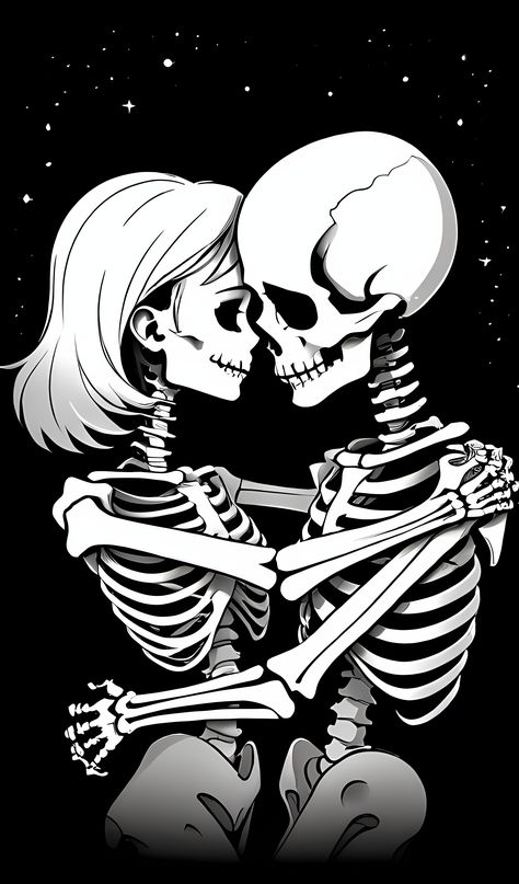 Halloween Love Wallpaper, 2 Skeletons In Love, Dark Love Wallpaper, Two Skeletons In Love, Goth Art Dark, Goth Love, Two Skeletons, Skeleton Artwork, Stuffed Pumpkin