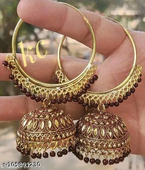 New Earrings & Studs Base Metal: Alloy Plating: Gold Plated Sizing: Adjustable Stone Type: Artificial Beads Type: Jhumkhas Country of Origin: India Price/-270 #wholesale #Fashion #indianwedding #newcollection Bali Earrings, Stud Earrings Unique, Golden Earrings, Jhumka Earrings, Fancy Jewelry, Maroon Color, Girls Earrings, Jewelry Business, Sister Gifts