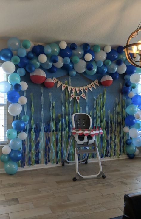 Fishing Birthday Party Boys, Fish Decorations, Fishing Themed Birthday Party, Baby Shower Fishing, Ocean Birthday Party, Shark Themed Birthday Party, Fishing Birthday Party, Boys First Birthday Party Ideas, Birthday Party Backdrop