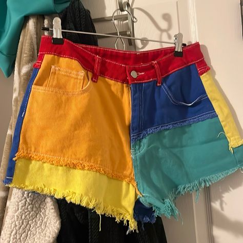 Super Cool 90s Style Shorts W/Perfect Fringe Detail & 90a Colors. On Trend. Nwot In Control Clothing, Tacky 80s Outfits, Primary Color Clothes, Colorful Thrift Outfits, Kidcore Shorts, Clowncore Pants, Cute Outfits Colorful, Kidcore Names, Colorful 80s Outfits