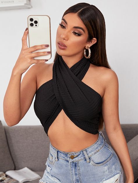 Cross Wrap Tie Back Crop Halter Top | SHEIN USA Cross Cross Top Outfit, Cross Halter Top Outfit, Tie Back Halter Top, Top Halter Outfits, Criss Cross Top Outfit, Cross Top Outfit, Halter Top Outfit, Halter Tops Outfit, Cross Halter Top