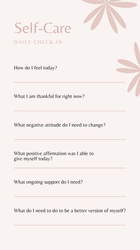 Self Care Daily Check-In | Gratitude journal prompts, Journal writing prompts, Self care bullet journal Self Love Journal Template, Self Improvement Template, Self Care Worksheet Free Printable, Self Care Journal Template, Self Care Journal Pages Printable Free, Self Therapy Journal Template, Self Care Planner Printable Free, Daily Gratitude Journal Template, Daily Check In Journal