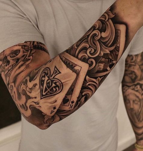 Tato Lengan Bawah, Tatto Sleeve, Tattoo Fairy, Playing Card Tattoos, Tattoo Sleeve Filler, Rose Sleeve, Tato Lengan, Gorgeous Tattoos, Sleeve Ideas