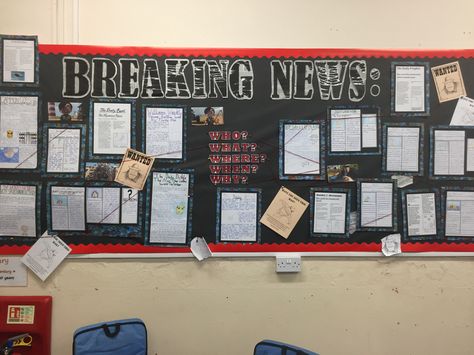 Crime board style newspaper article display - the Rocketeer News Paper Bulletin Board Ideas, Newspaper Bulletin Board Ideas, News Bulletin Board Ideas, Journalism Classroom Decor, Criminology Bulletin Board, Class News Bulletin Board, Newspaper Bulletin Board, Newspaper Article Display, Wall Newspaper School Ideas